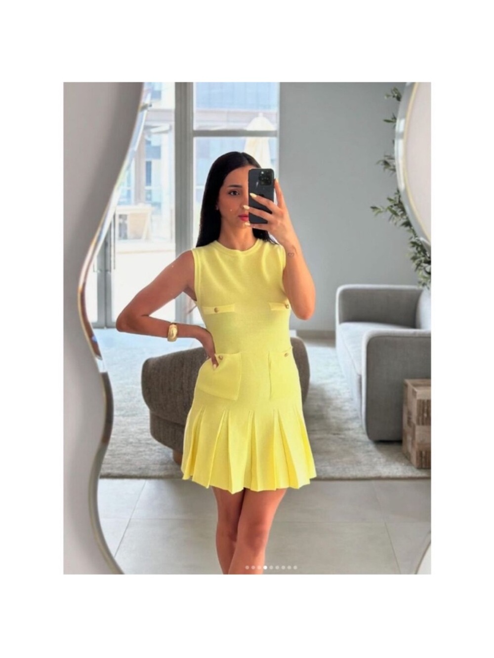ZARA YELLOW PLEATED MINI KNIT DRESS WITH GOLD BUTTON DETAILS Size XS